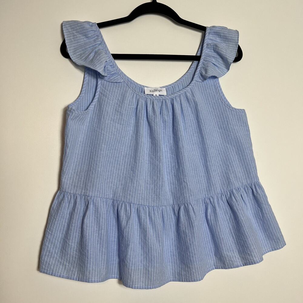 Kaileigh Ruffle Shoulder Sleeveless Crinkle Peplum Blue White Striped Top Size S